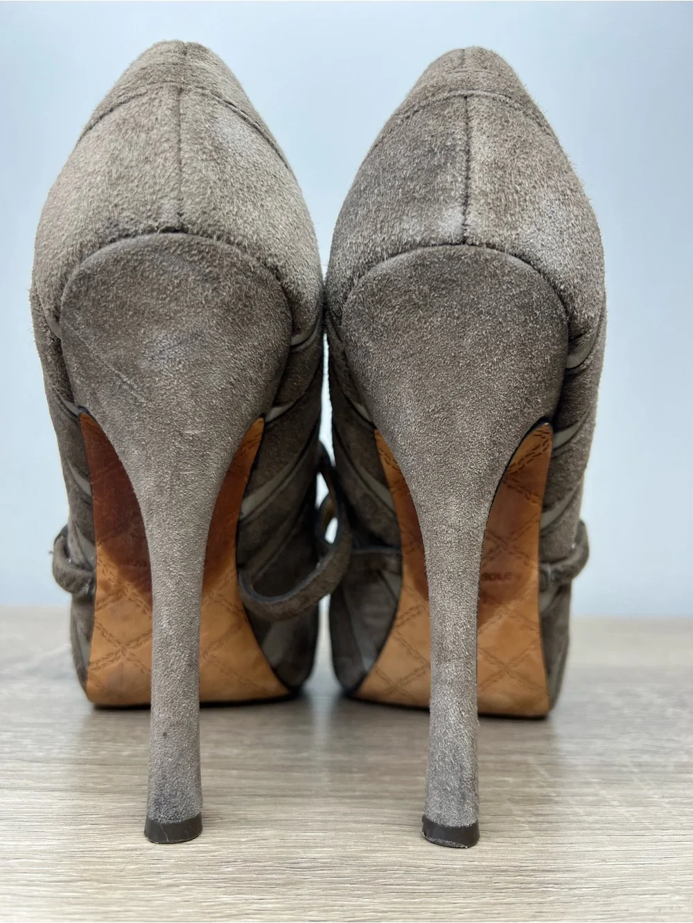L.A.M.B. Gwen Stefani Taupe Suede & Satin Striped Mary Jane Pumps Size 7.5M